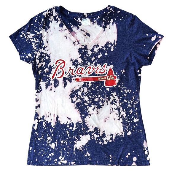 Atlanta Braves V-Neck Pink, White & Blue Bleached T-Shirt Women's Medium - Picture 1 of 6